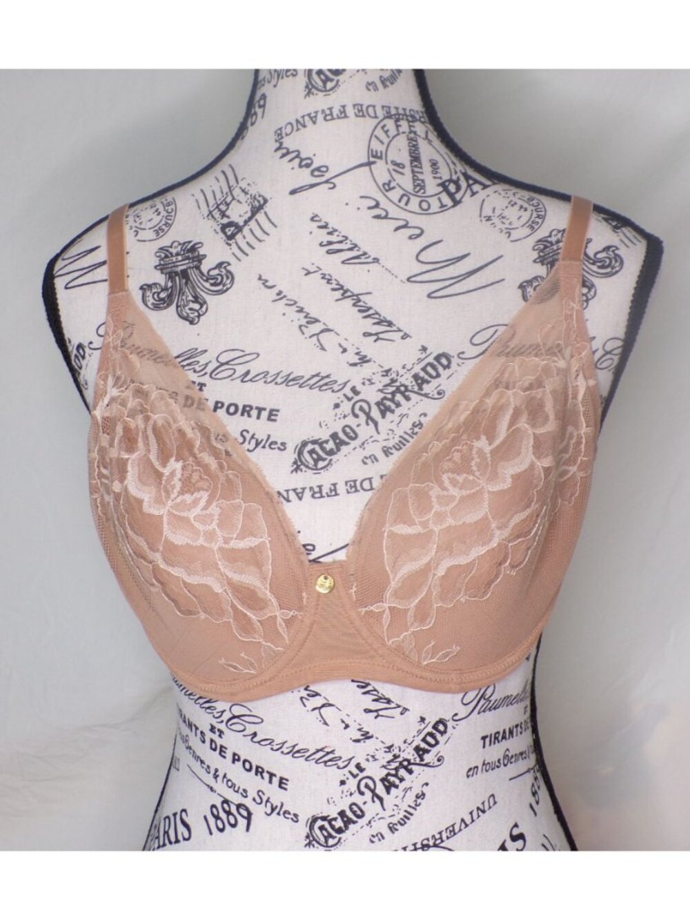 🆕NATORI Flora Lace Underwire Plunge Bra 34G Glaze Cash (Dark Beige) #721150 - Picture 7 of 11